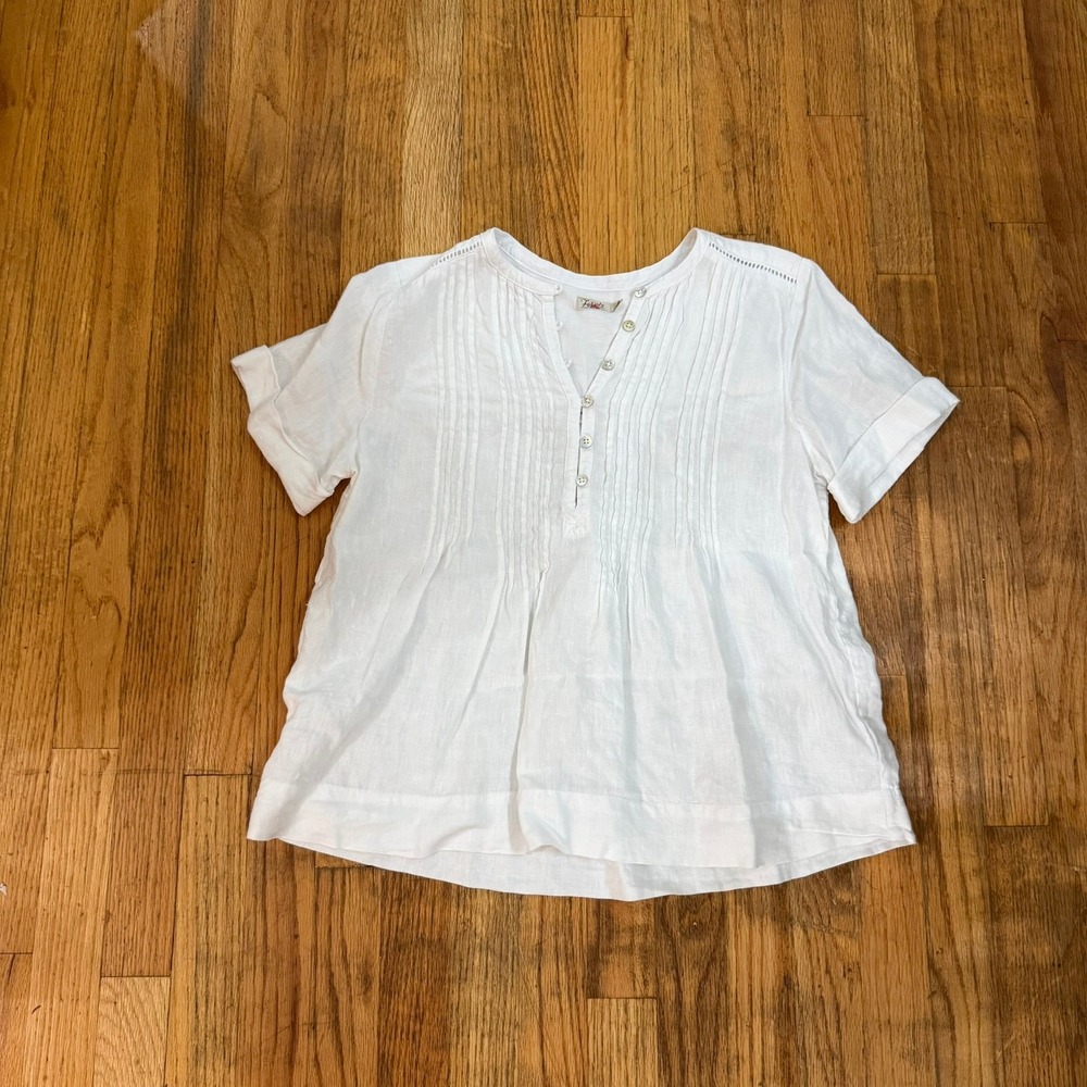 Faherty Womens Small White 100% Linen Gemina Pintuck Short Sleeve Blouse Top EUC